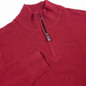 QOR Cashmere Sweater Men's Large Solid Red 1/4 Zip Pullover Waffle-Knit